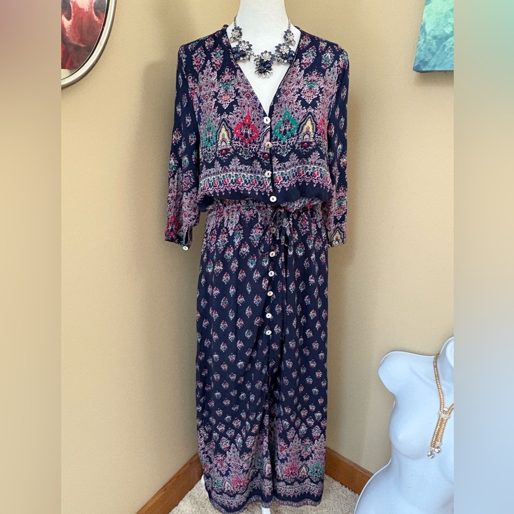 R. Vivimos Maxi Dress Navy Multi Print Long Sleeve Drawstring Abalone Buttons XL